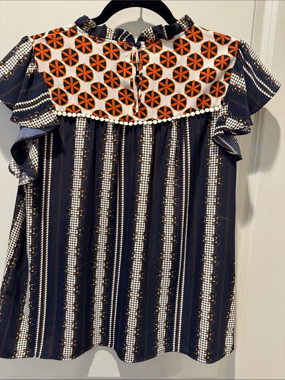 Navy & Orange Patterned Ruffle-Yoke Blouse - Picture 2 of 4